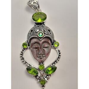 Sterling Silver Bali Goddess Pendant with Peridot and Green Garnet Stones